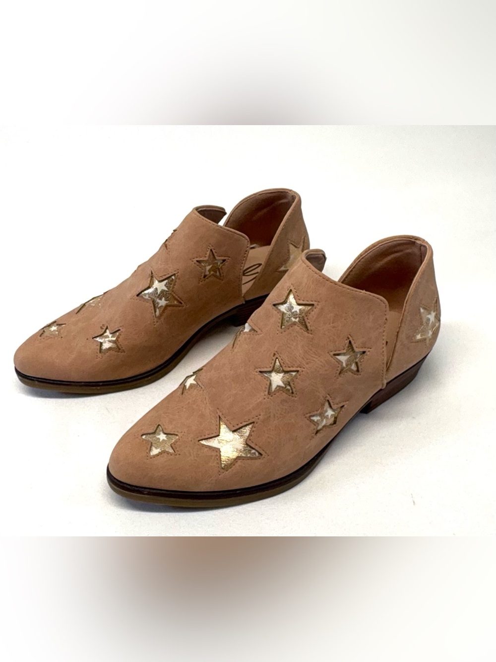 Seven7 Star Cutout Slip-On Mules - Tan with Metallic Stars Size 8